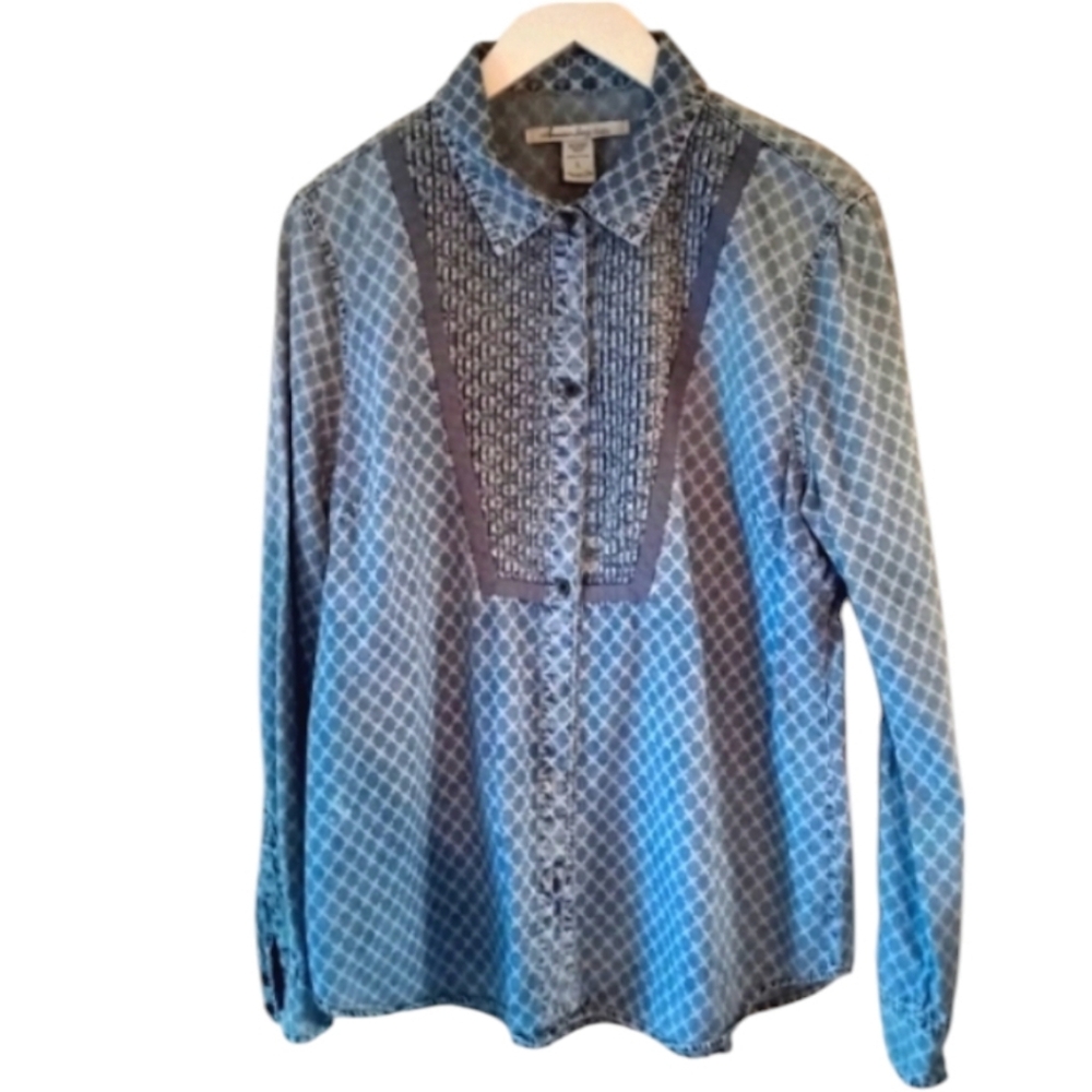 American Rag Victorian Pintuck Panel Buttoned Down Denim Blouse- Size:L- Vintage